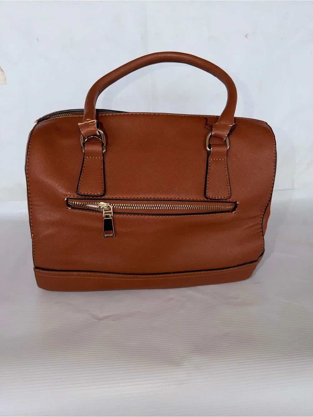 Structured Leather Satchel in Cognac with Gold Hardware